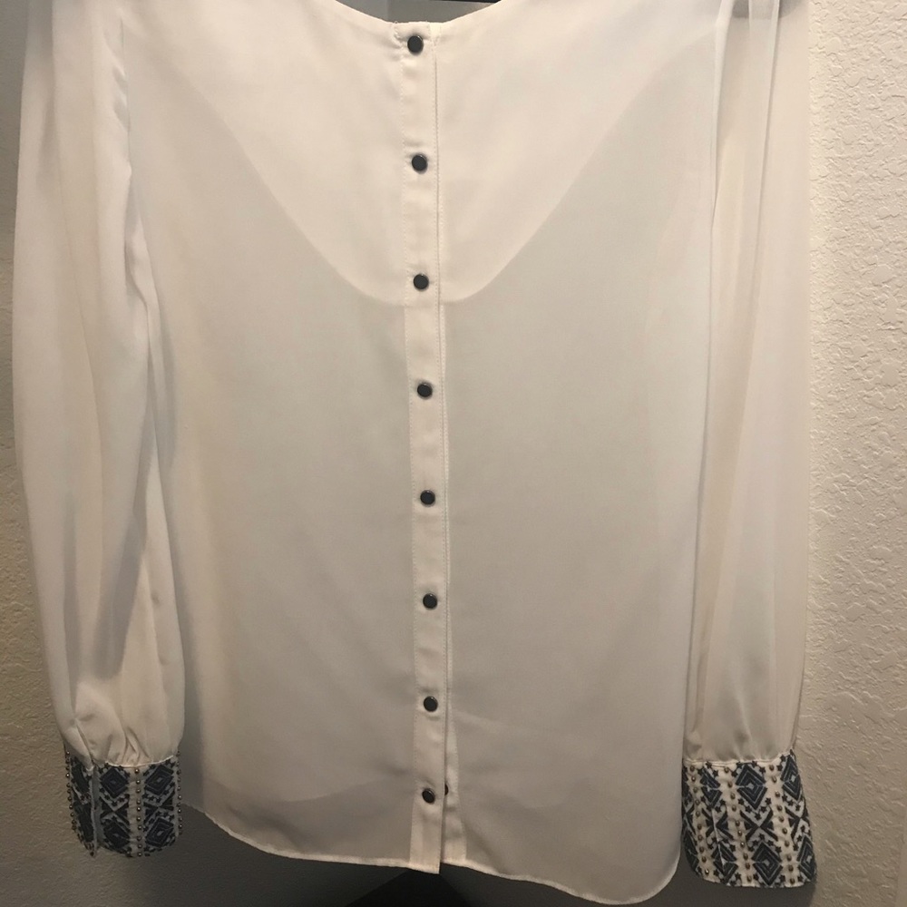 White Long Sleeves Blouse with Beaded Blue Trim